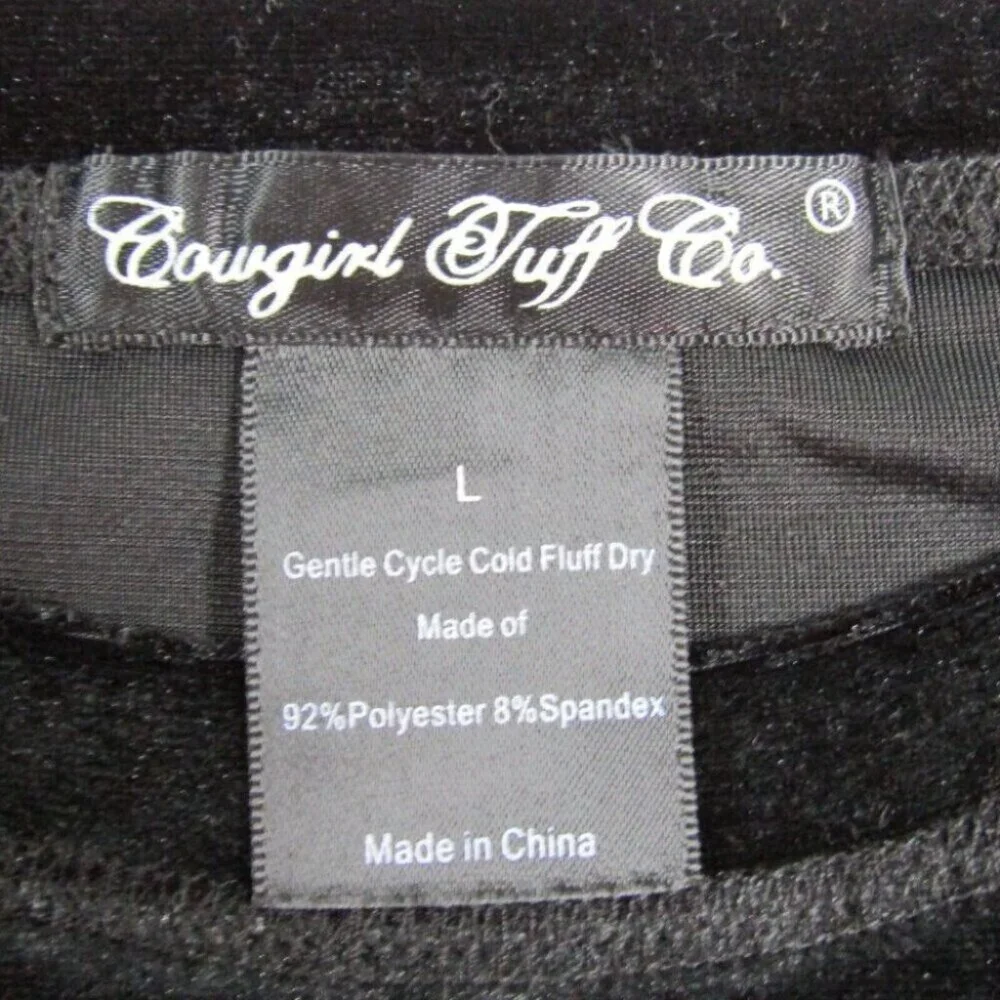 Cowgirl Tuff Black Velvet Long Lace Sleeve Top Womens Size L Velour New Tag - Picture 6 of 10